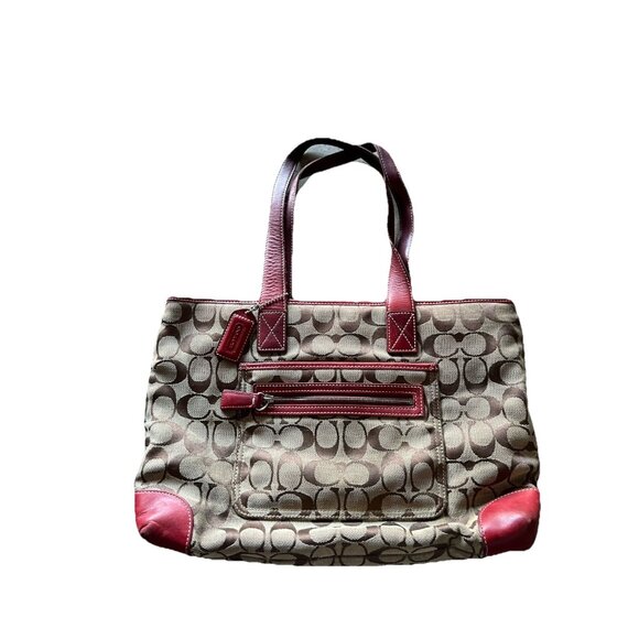 Vintage Coach Signature Brown Classic Canvas & Red Leather Trim Tote Bag 6082 - Picture 1 of 16